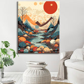 Painting by numbers - Minimalist landscape: mountains, sun, day and night, boho-midcentury art
